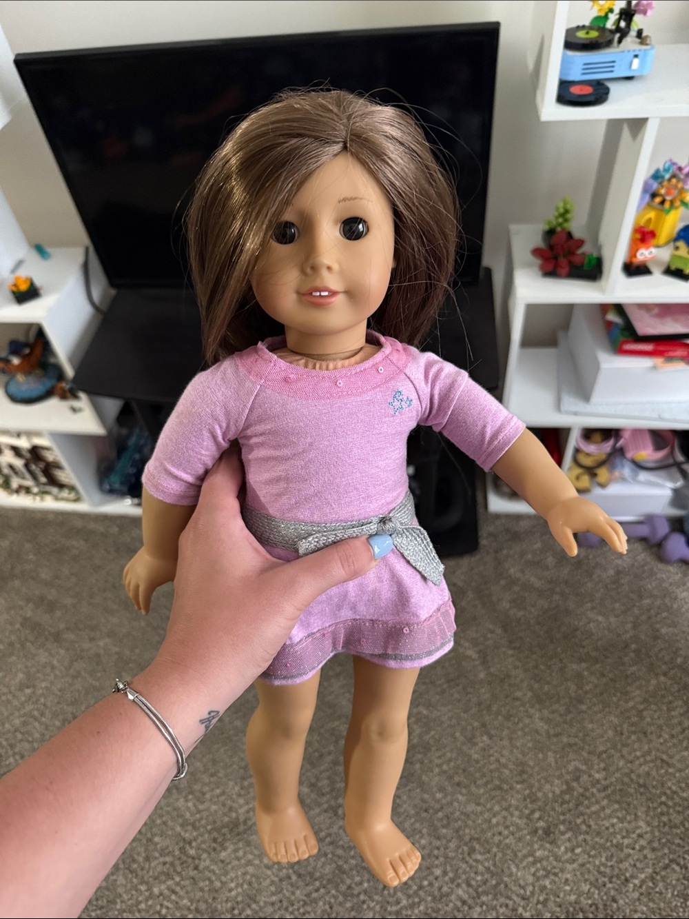 American Girl Doll with Brown Hair in Pink Dress and Silver Belt